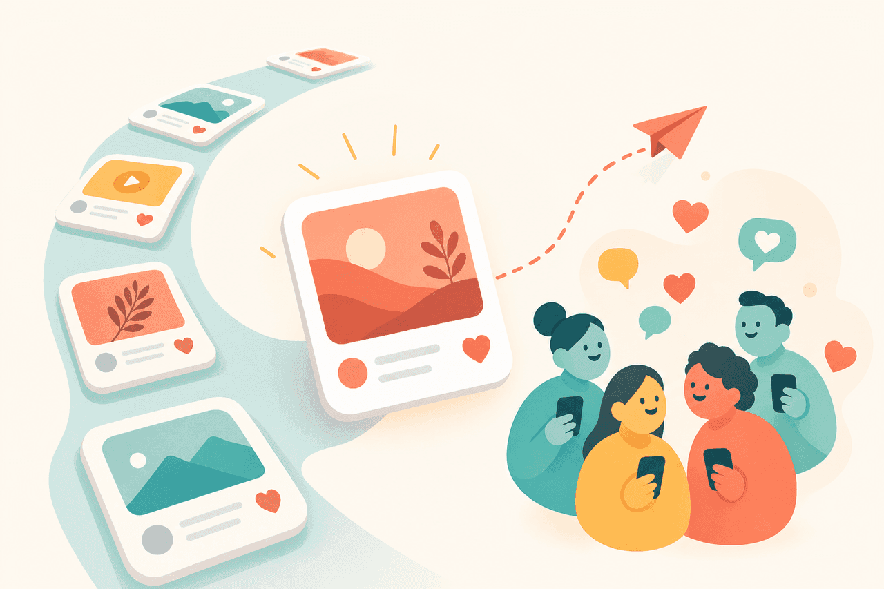 Illustration of the Instagram algorithm: a post being shared onward to a small audience