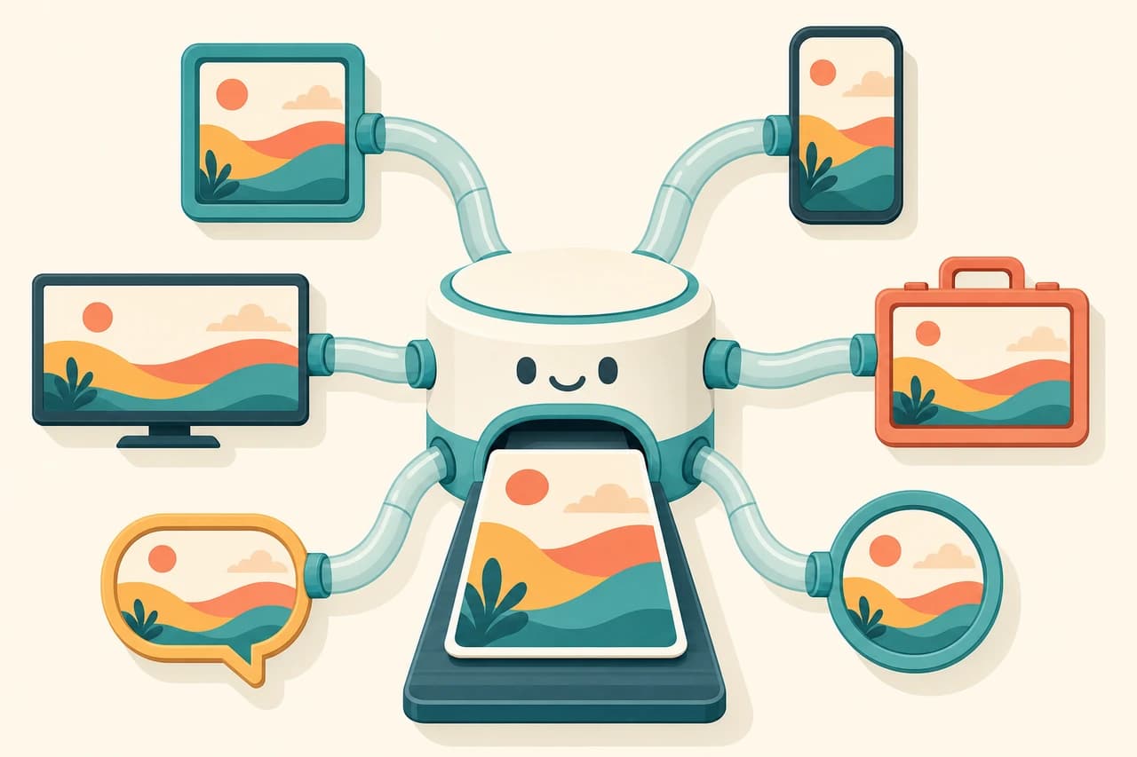 A post card feeding into a smiling hub in the middle, with six tubes carrying the same picture to frames of different shapes