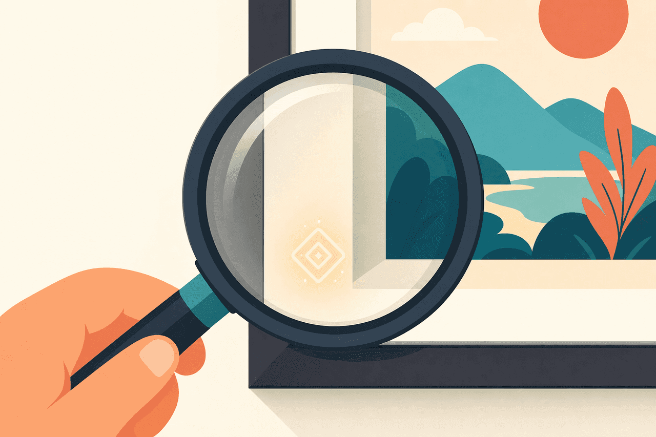 A magnifying glass revealing a glowing watermark hidden inside a landscape picture