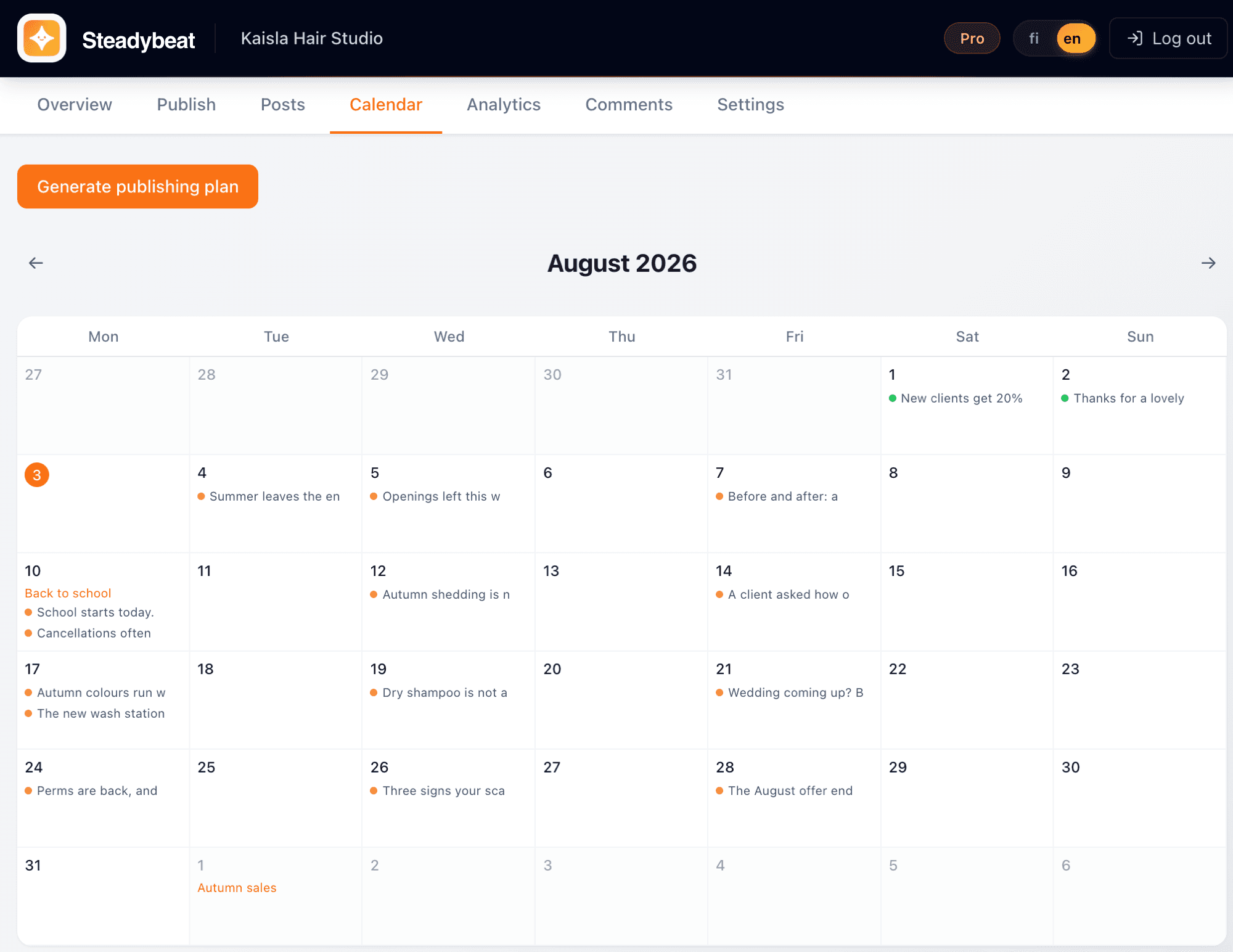 Steadybeat publishing calendar, monthly view of scheduled posts