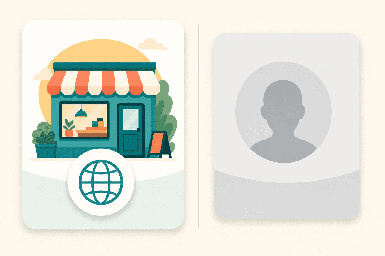 A business page card separated from a personal profile silhouette