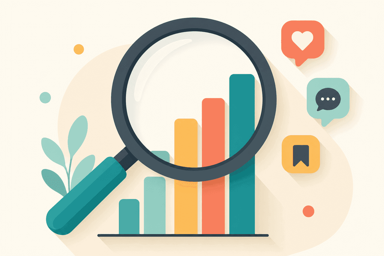 A magnifying glass over a rising bar chart surrounded by heart and comment bubbles