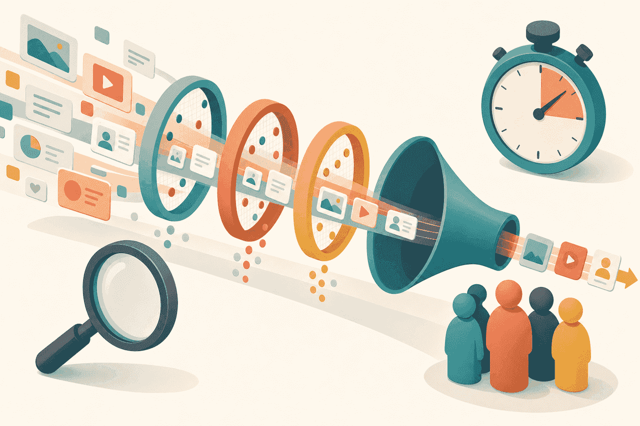 Illustration of the LinkedIn feed algorithm: a post moving through filters toward its readers