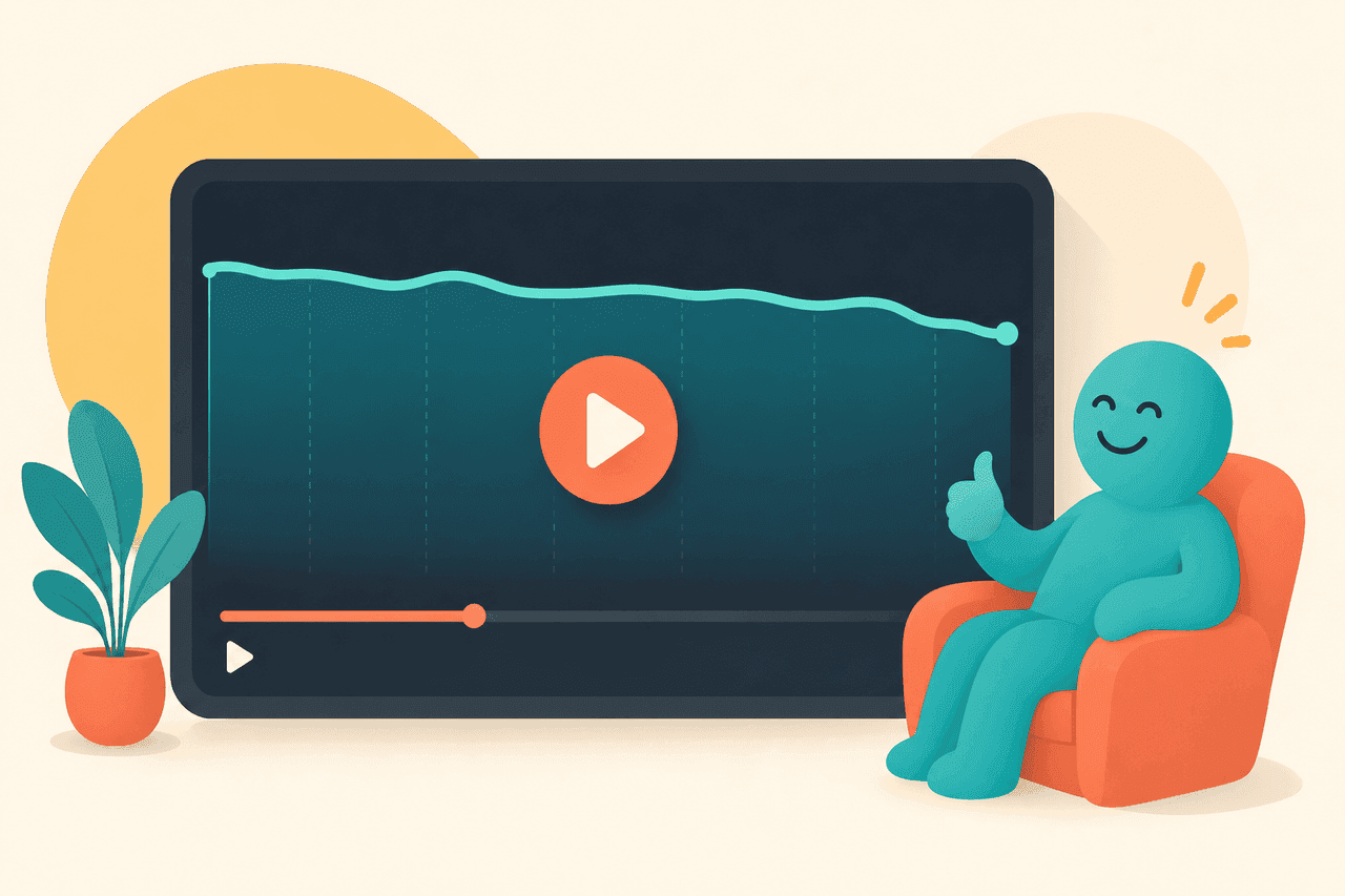 Illustration of the YouTube algorithm: a satisfied viewer and a retention curve staying high