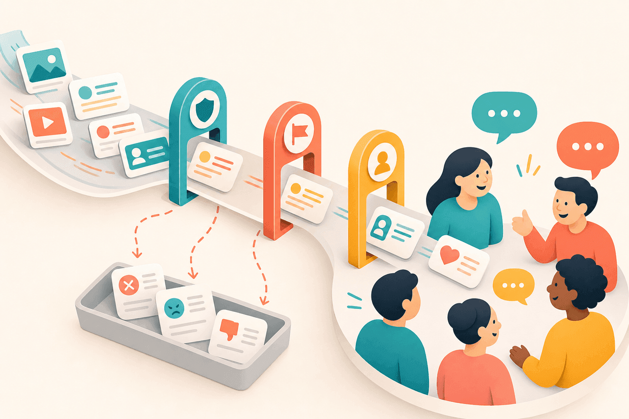 Illustration of the Facebook feed algorithm: a post moving through filters toward its readers