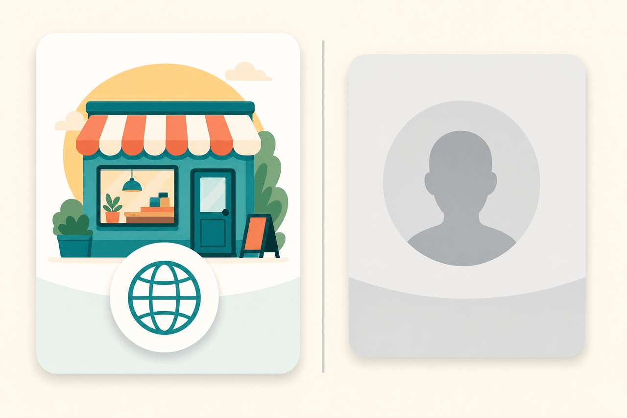 A business page card separated from a personal profile silhouette