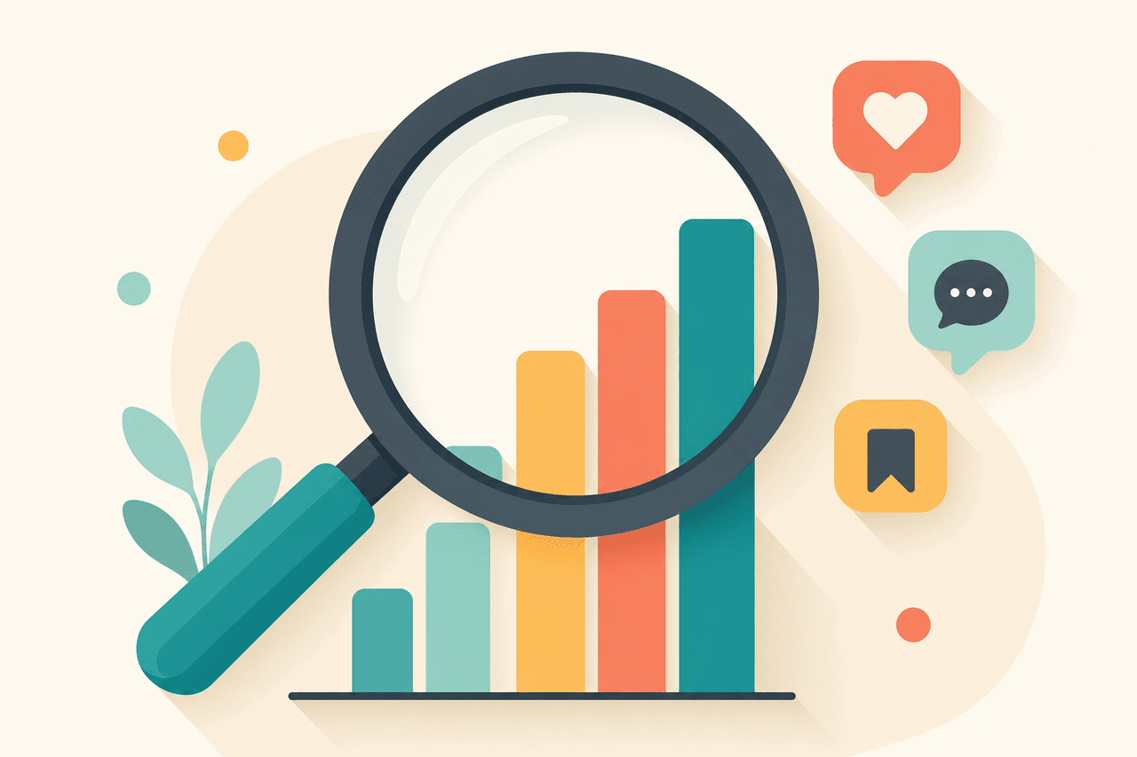 A magnifying glass over a rising bar chart surrounded by heart and comment bubbles