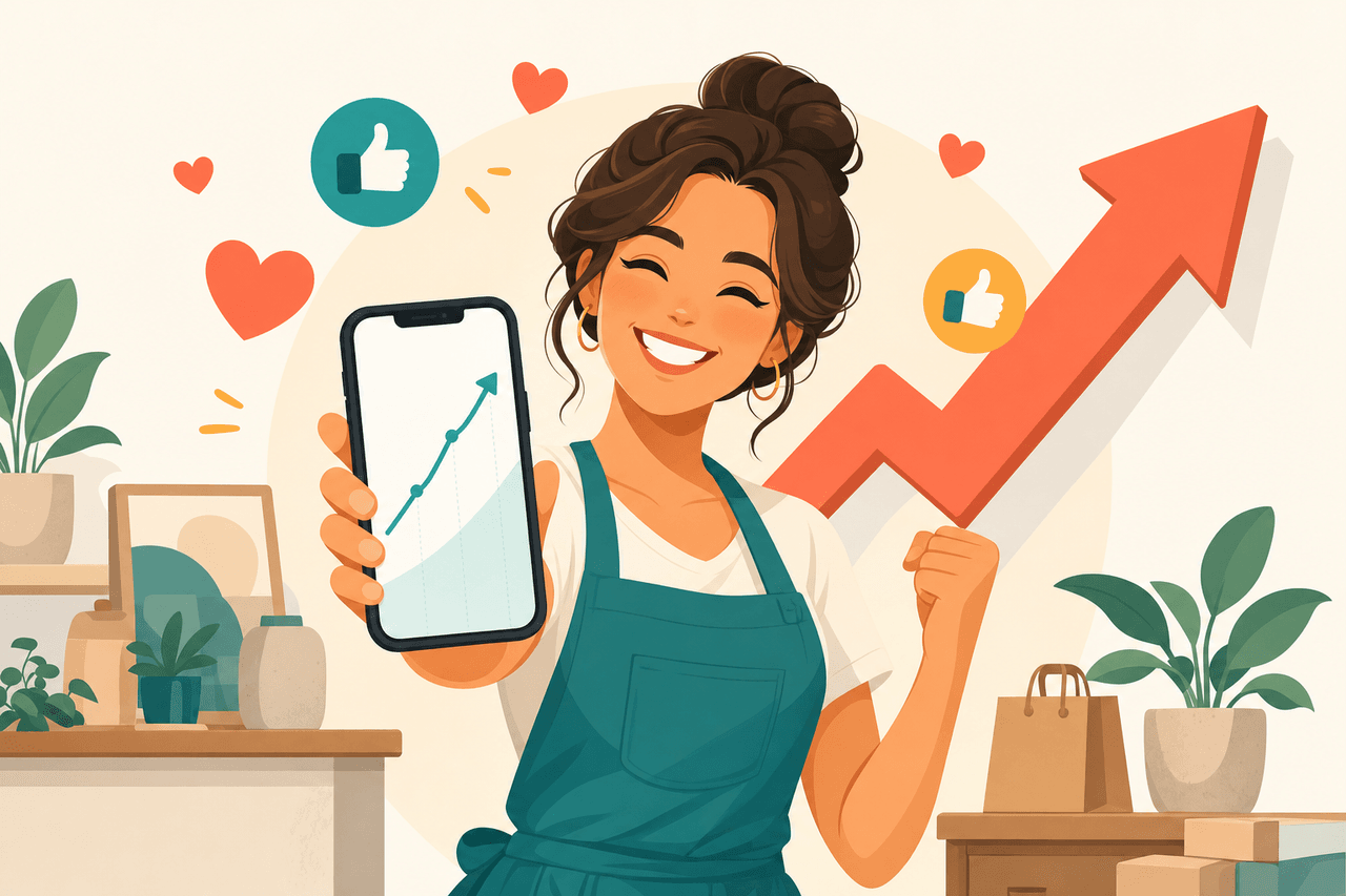 A rising chart and heart showing growth from social visibility