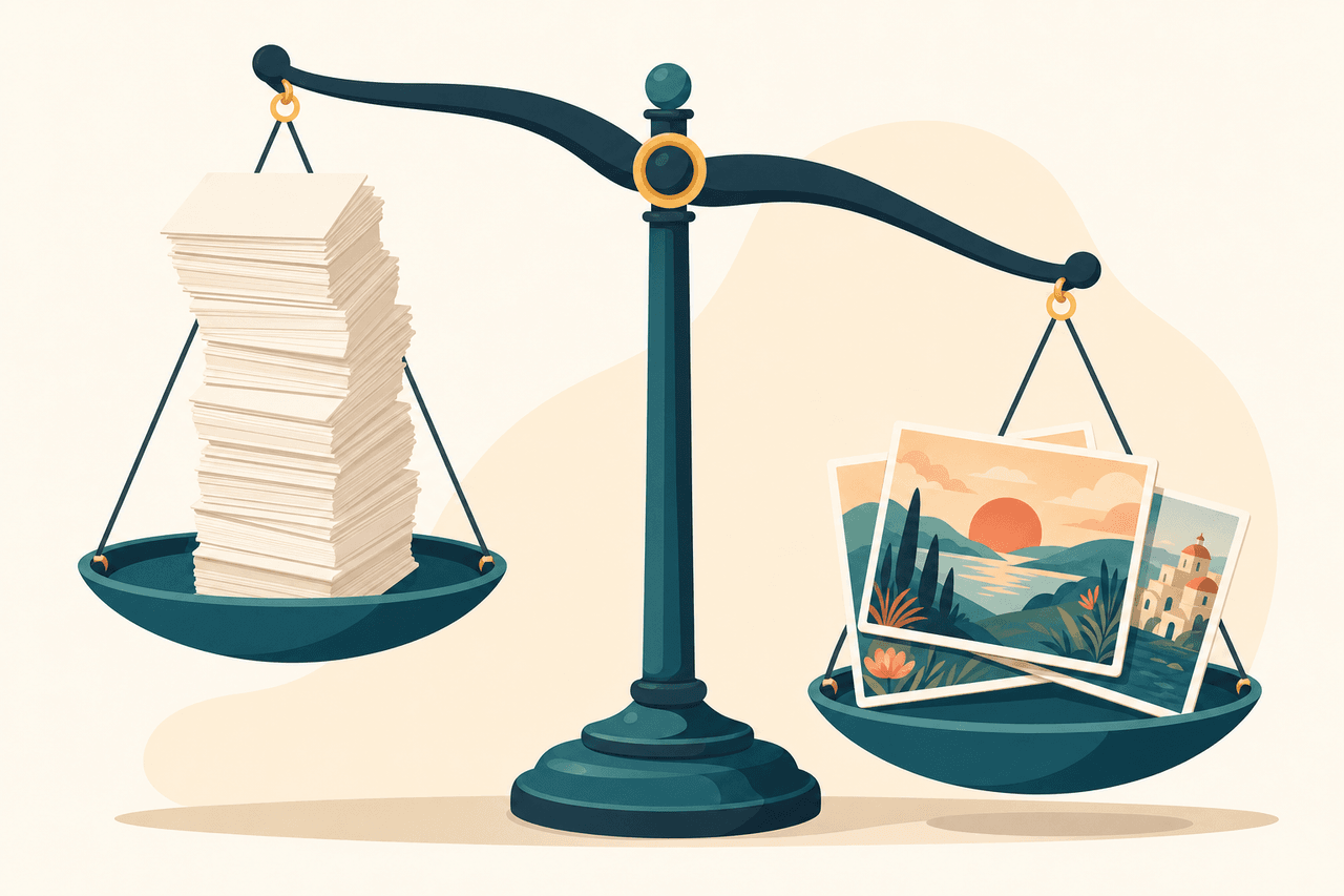 A balance scale: a big pile of plain posts on one side, a few polished ones on the other