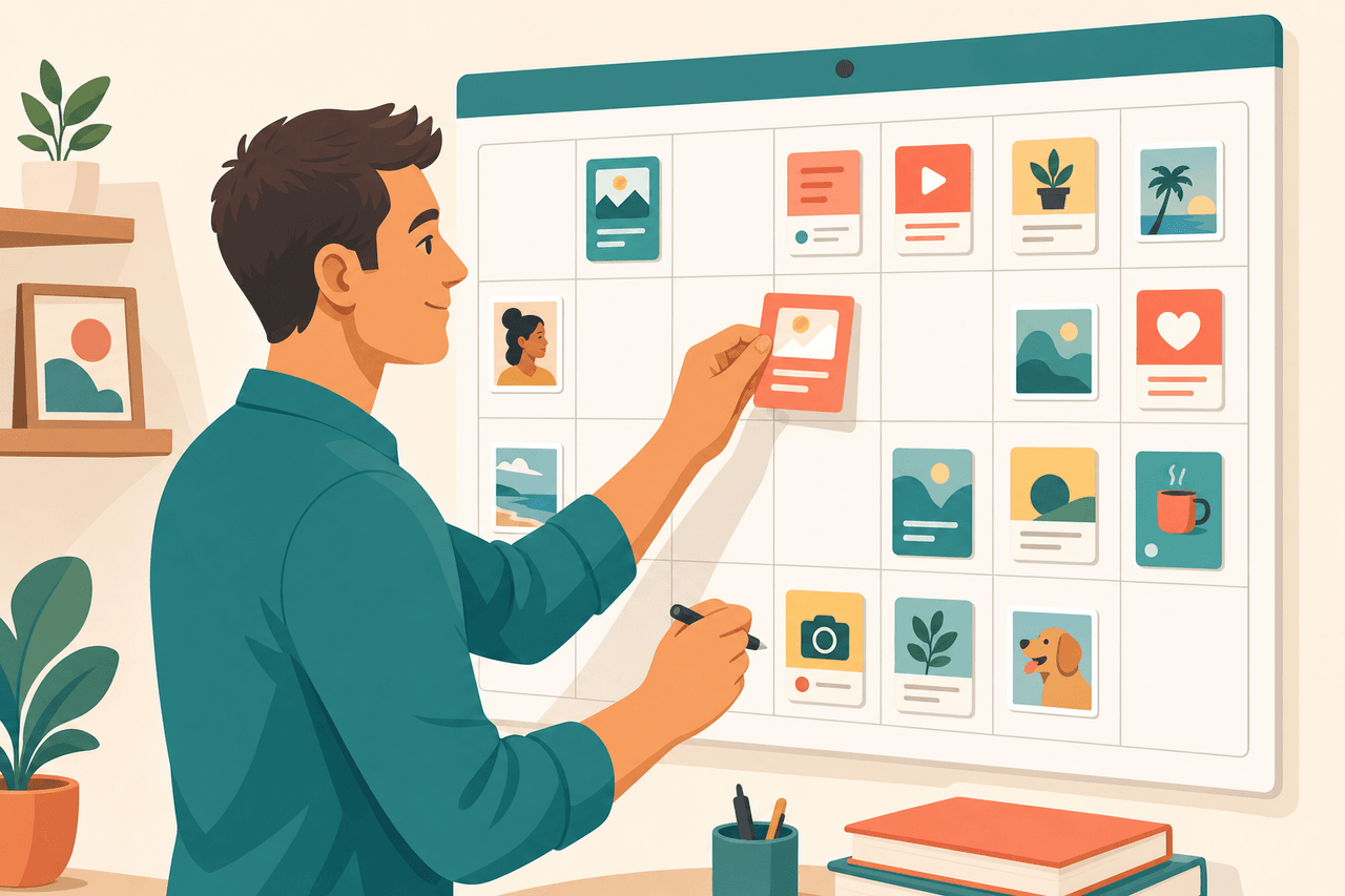A content calendar with days filled with posts
