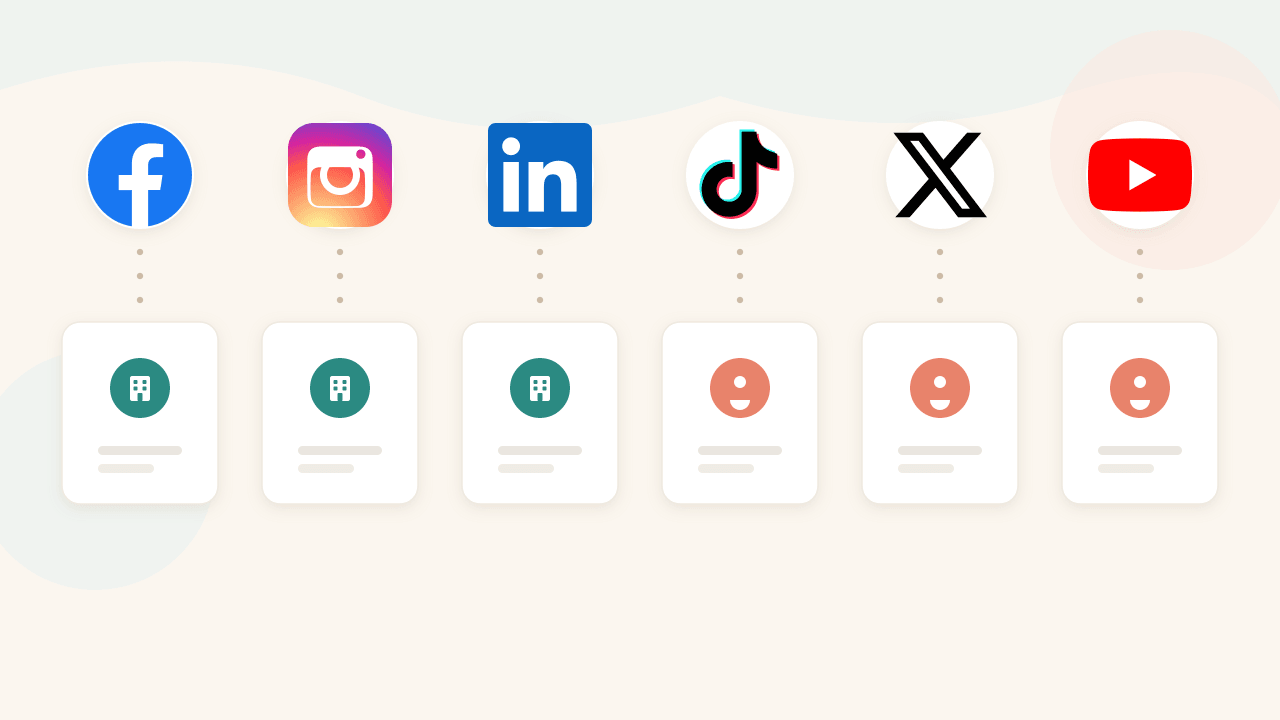 Six social platform logos with account-type cards