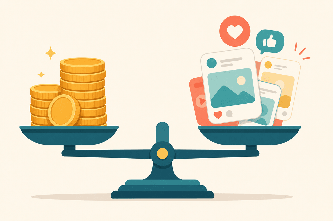 A scale balancing a stack of coins against social media posts