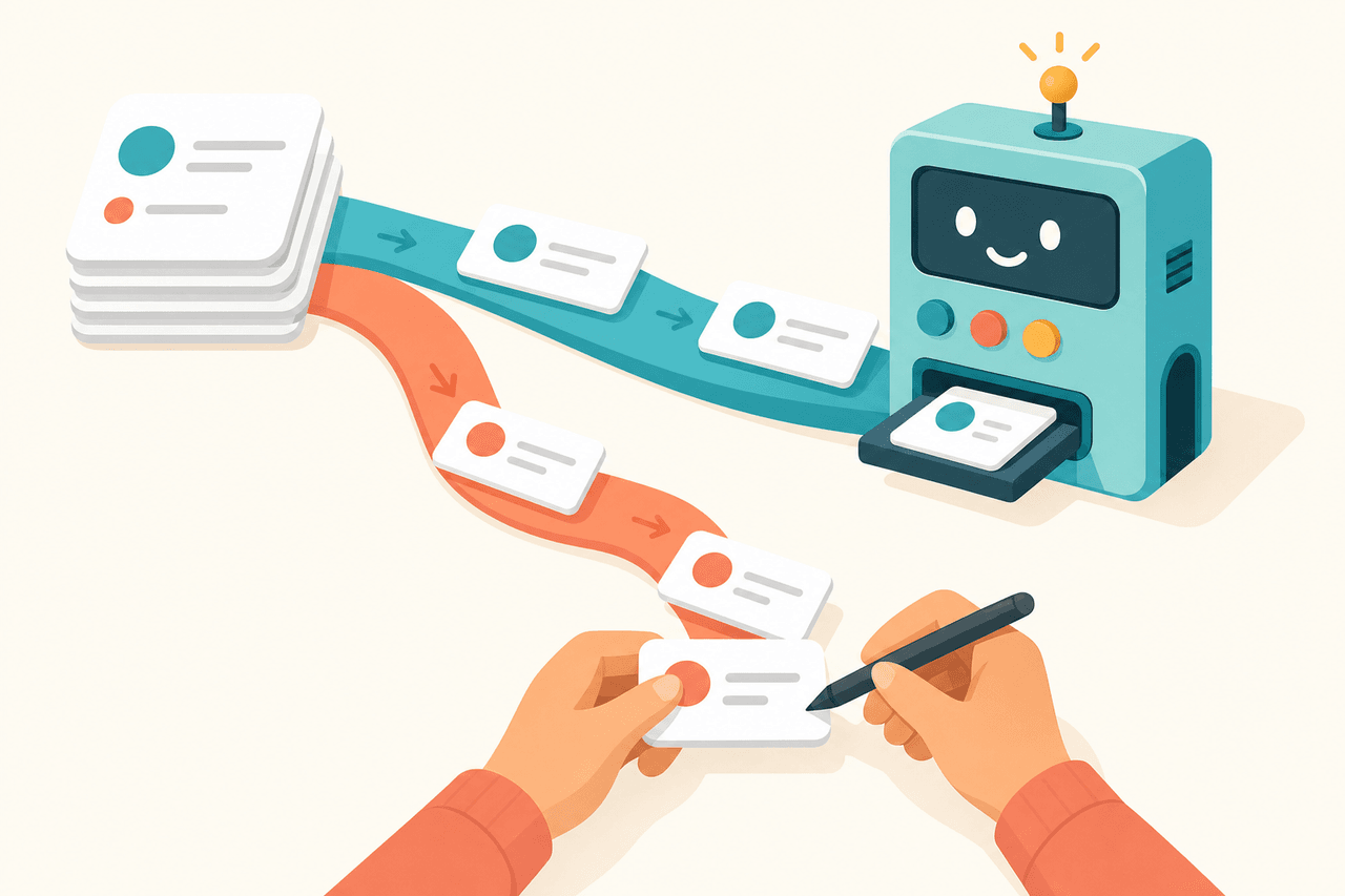 A stack of task cards splitting into two streams, one into a machine and one into hands holding a pen