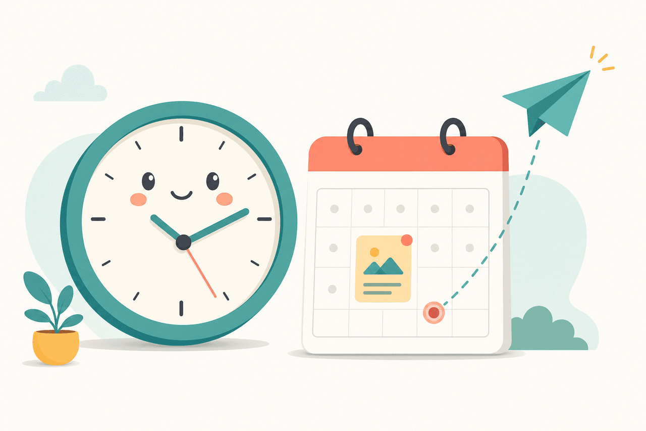 A clock and a calendar entry with a post set to go out at a future time