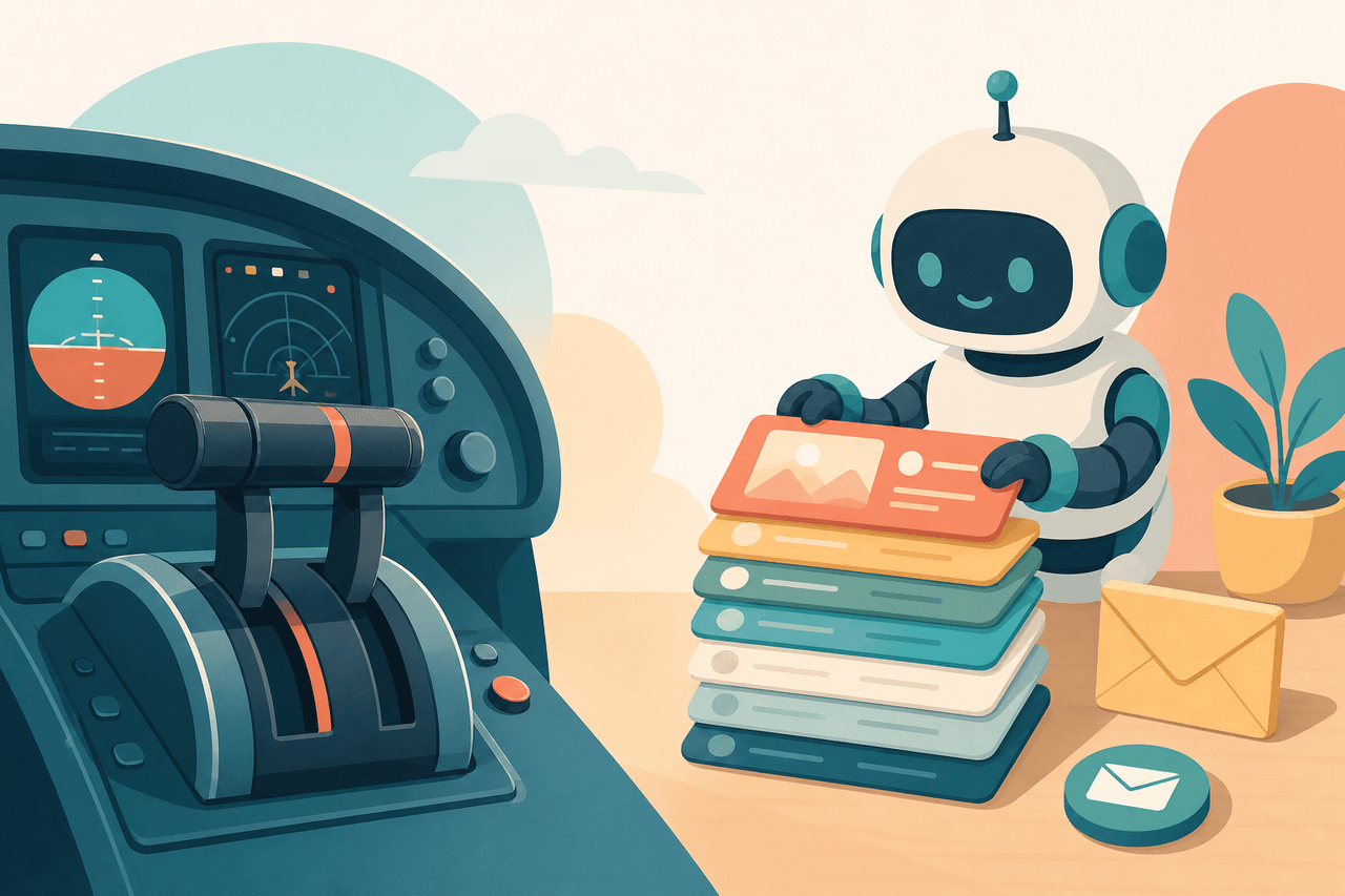 An aircraft autopilot lever and an AI assistant preparing a week of posts with no user action
