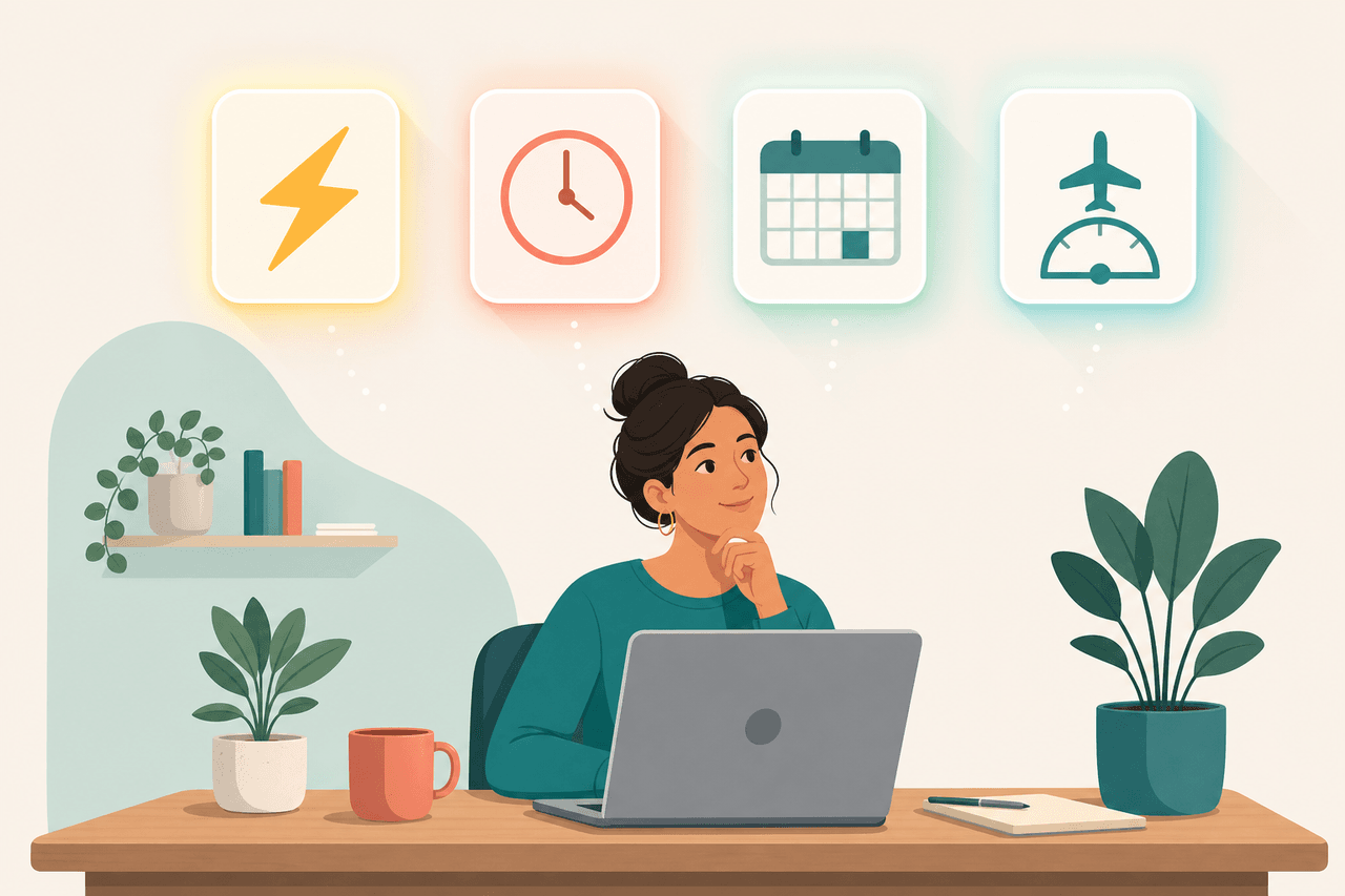 Four publishing methods as icons: lightning, clock, calendar and autopilot