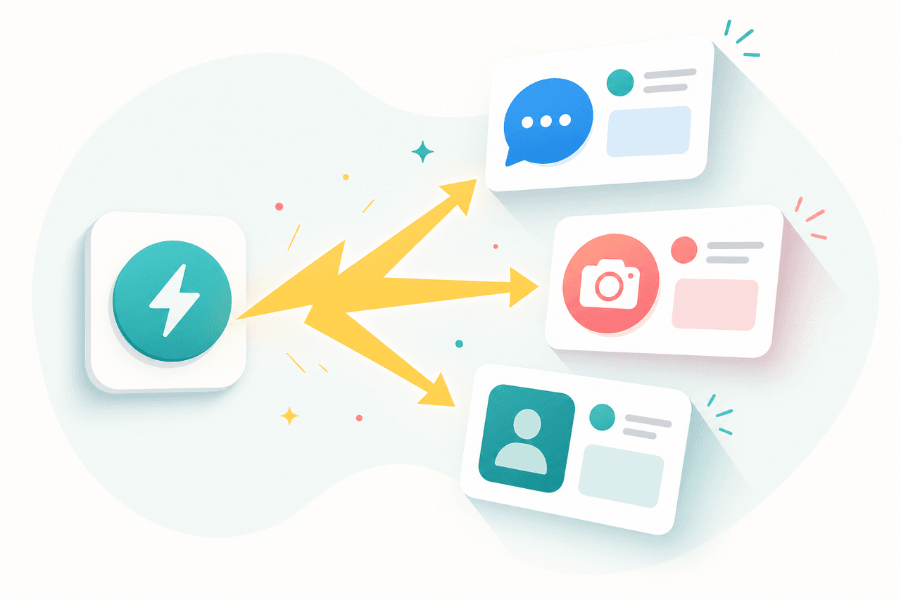 A lightning-bolt icon and a post going out to Facebook, Instagram, and LinkedIn at the same moment