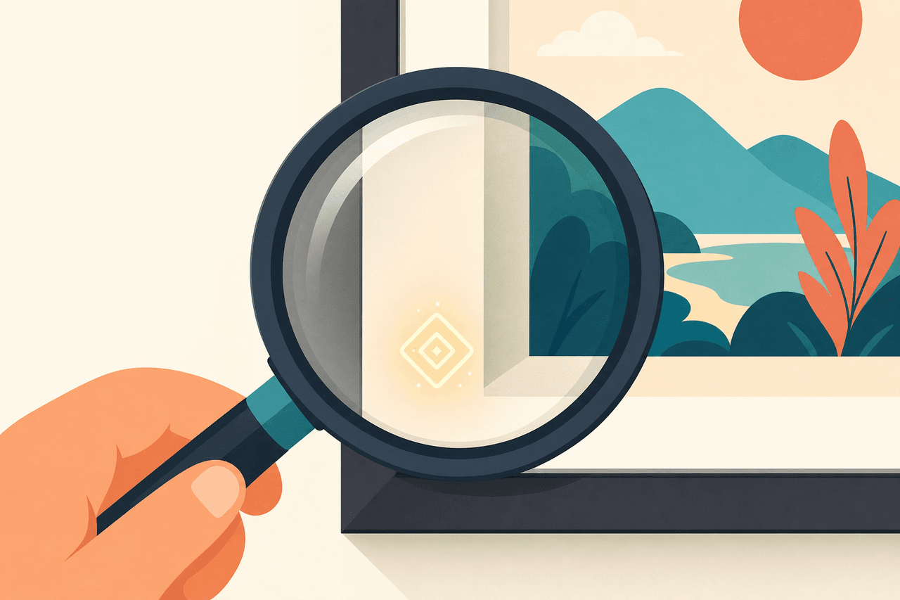 A magnifying glass revealing a glowing watermark hidden inside a landscape picture