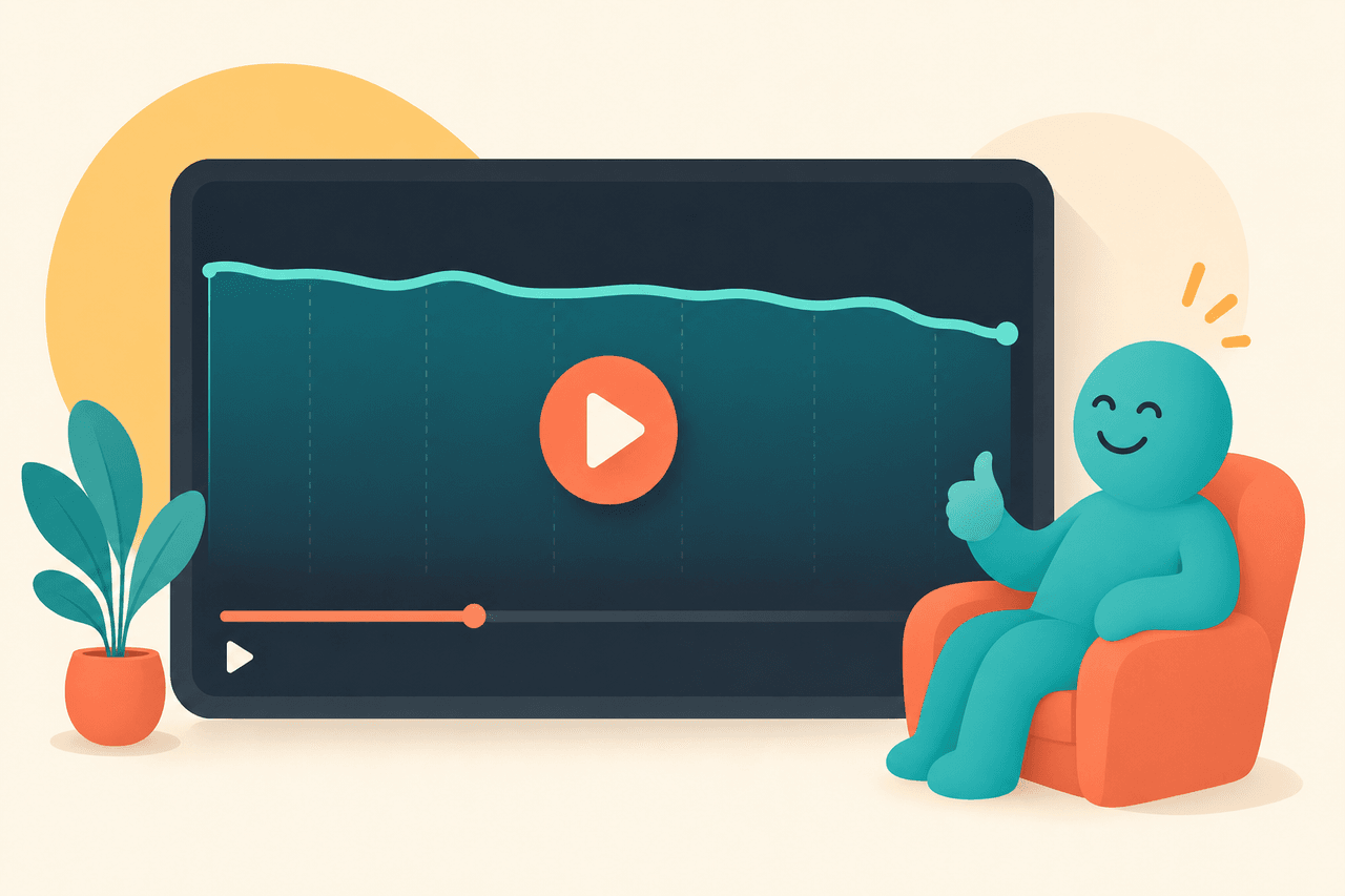Illustration of the YouTube algorithm: a satisfied viewer and a retention curve staying high
